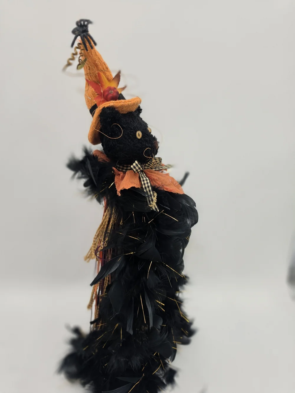 Halloween Black Feathery Cat Décor with Orange Hat